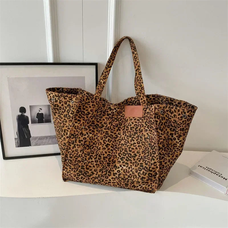 Women’s Leopard Print Canvas Tote Bag – Large Capacity Everyday Handbag