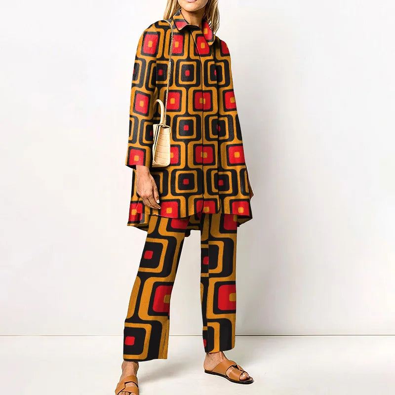Elegant vintage two-piece set for women – Stylish blouse and trousers