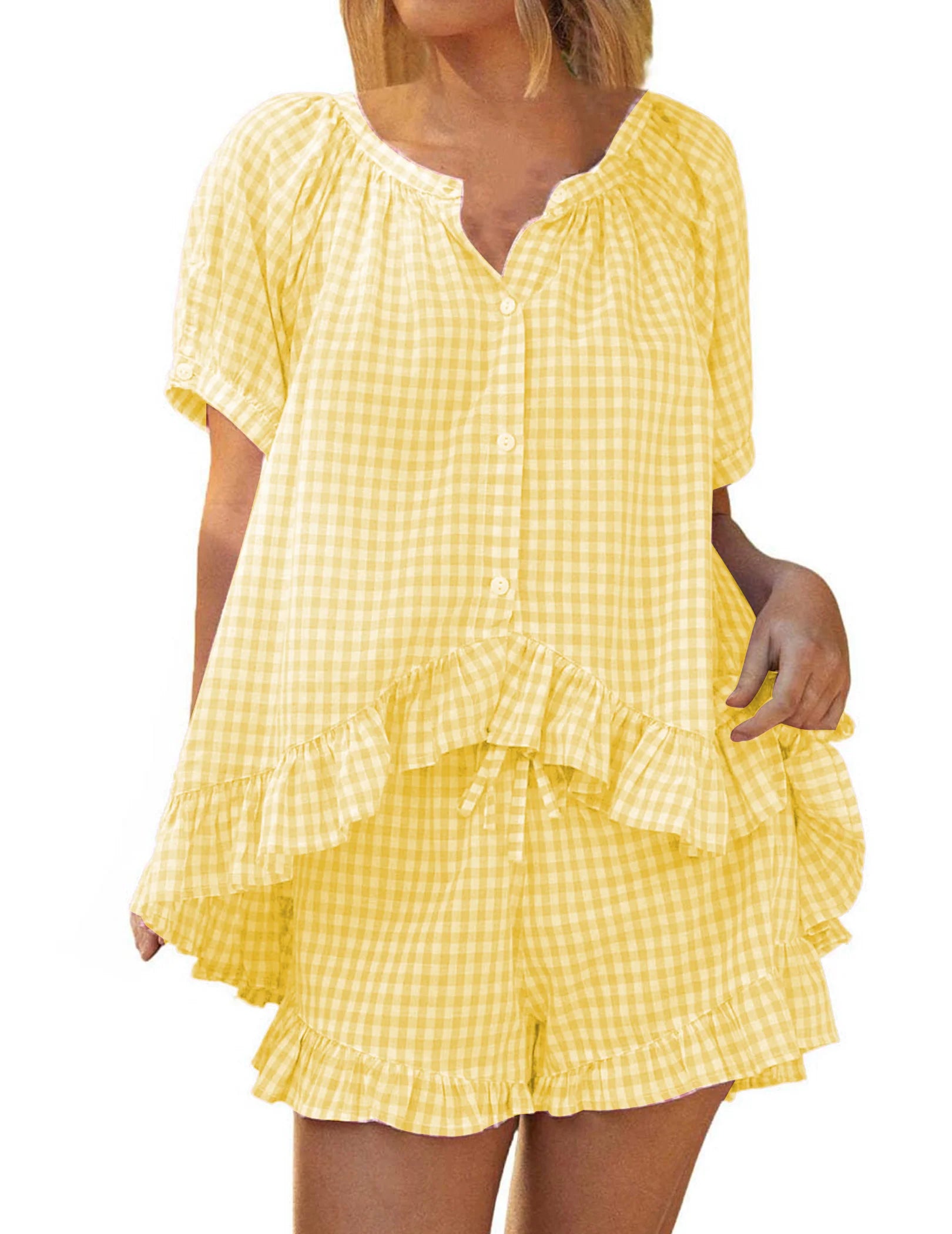 Women’s 2-Piece Ruffle Sleepwear Set – Short-Sleeve Button-Up Plaid Loungewear