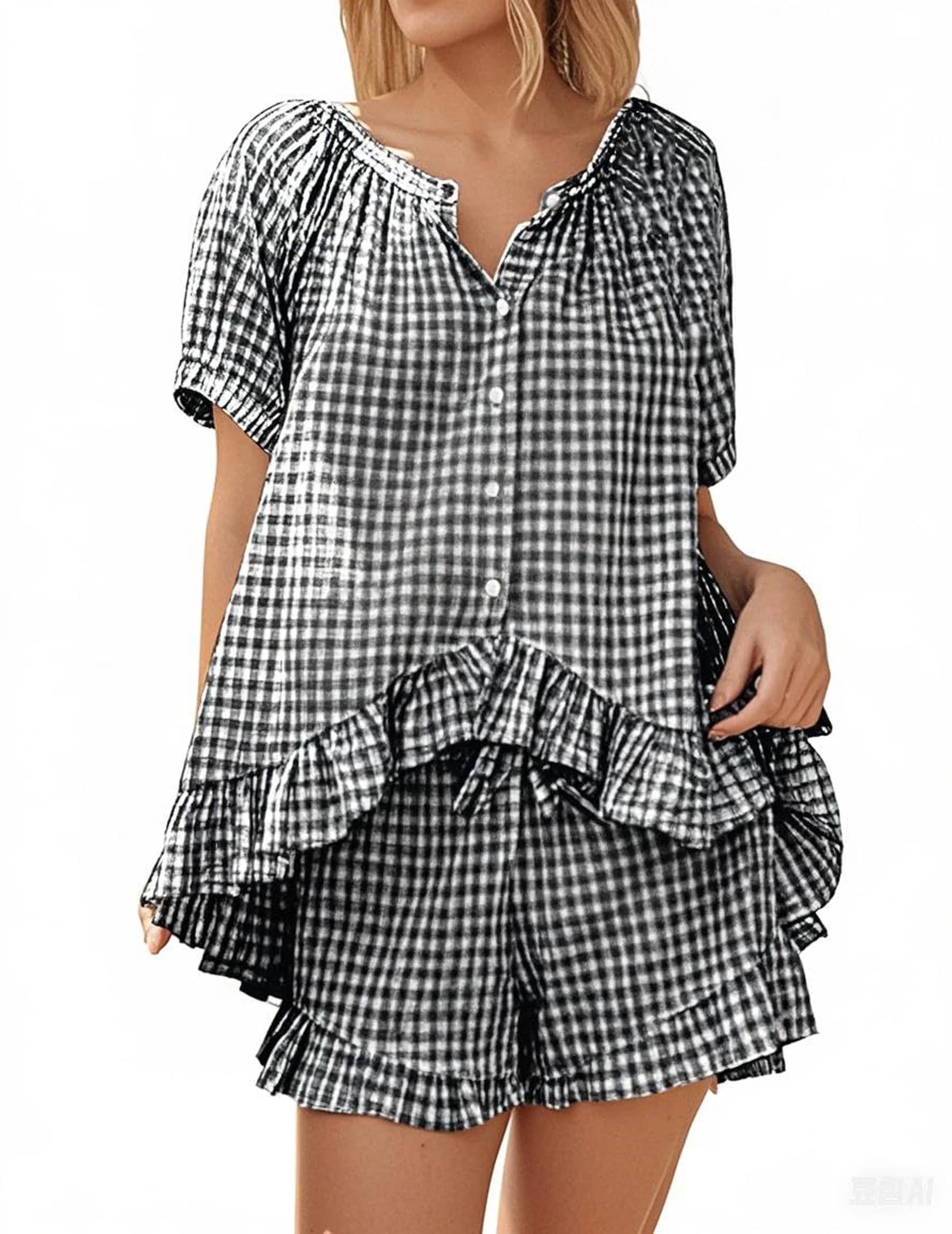 Women’s 2-Piece Ruffle Sleepwear Set – Short-Sleeve Button-Up Plaid Loungewear