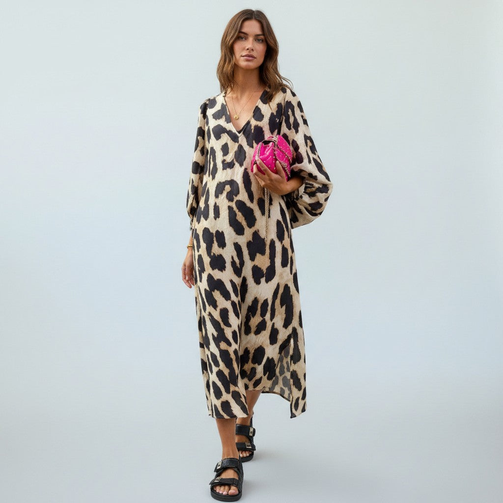 Women's Leopard Print Midi Dress – Flattering Trendy Everyday Dress