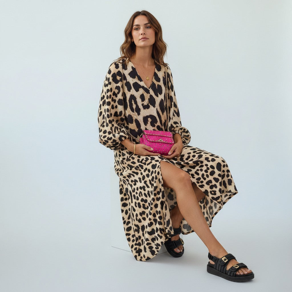 Women's Leopard Print Midi Dress – Flattering Trendy Everyday Dress