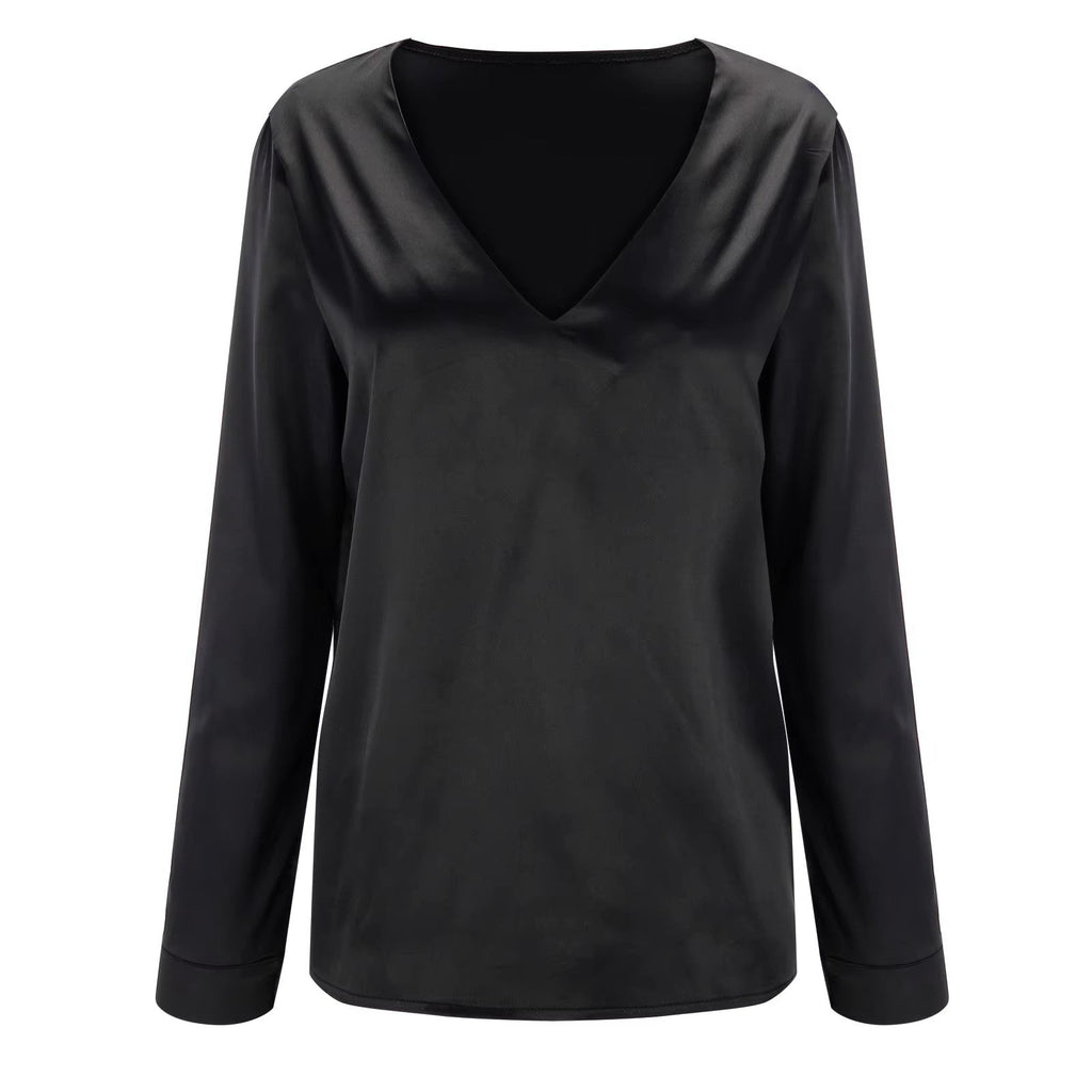 Women's Satin Blouse – Deep V Elegant Flowy Party Top