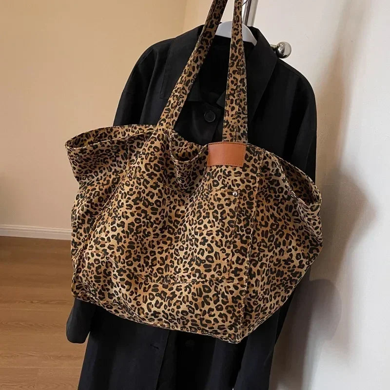 Women’s Leopard Print Canvas Tote Bag – Large Capacity Everyday Handbag