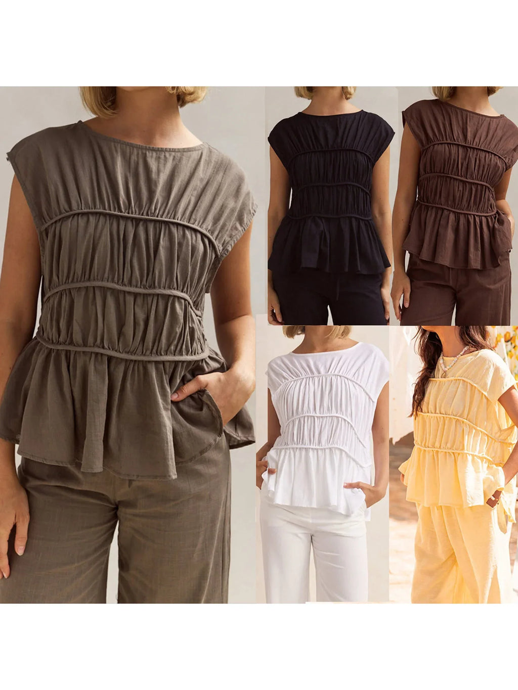Women’s Ruched Peplum Top – Round-Neck Cap Sleeve Blouse