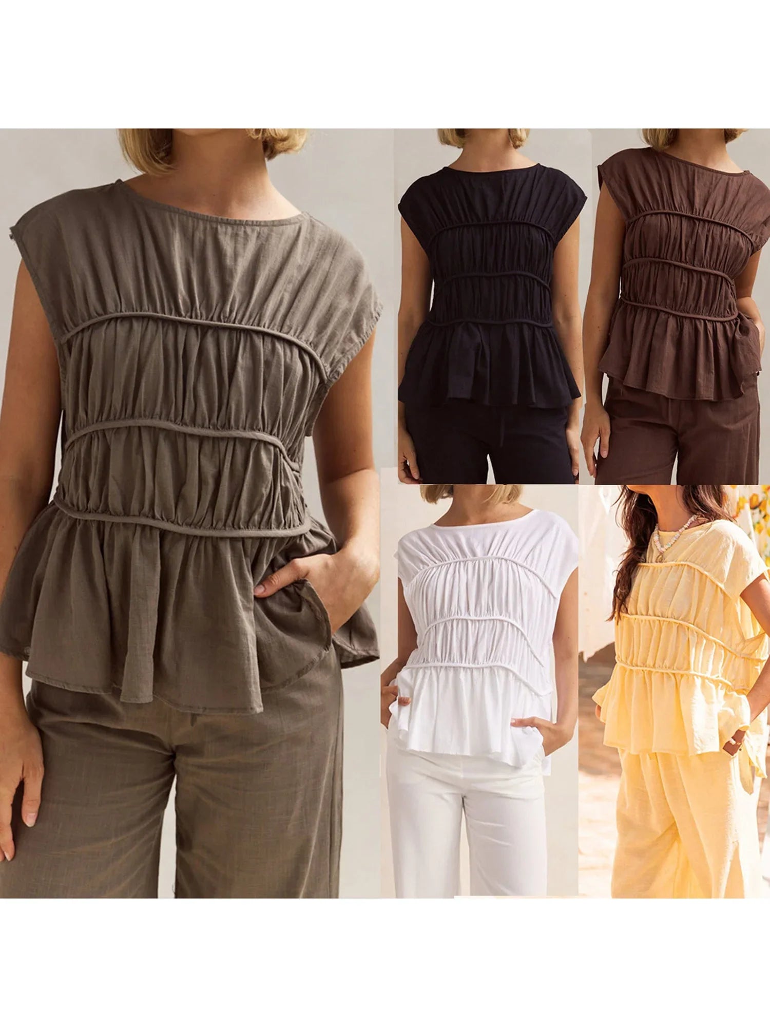 Women’s Ruched Peplum Top – Round-Neck Cap Sleeve Blouse
