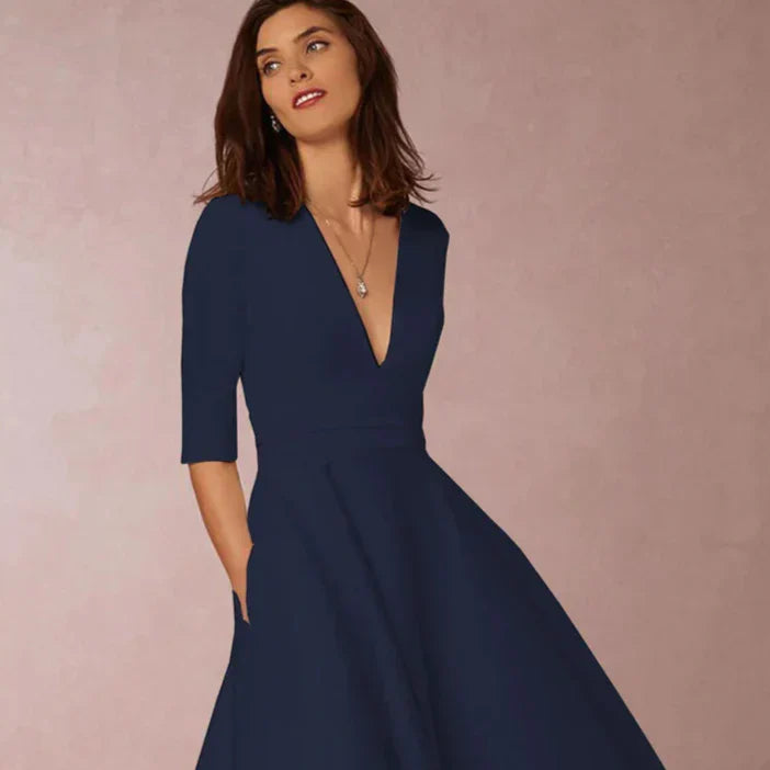 Women's Vintage 60s A-Line Swing Dress – Flared Skirt Autumn Midi Dress