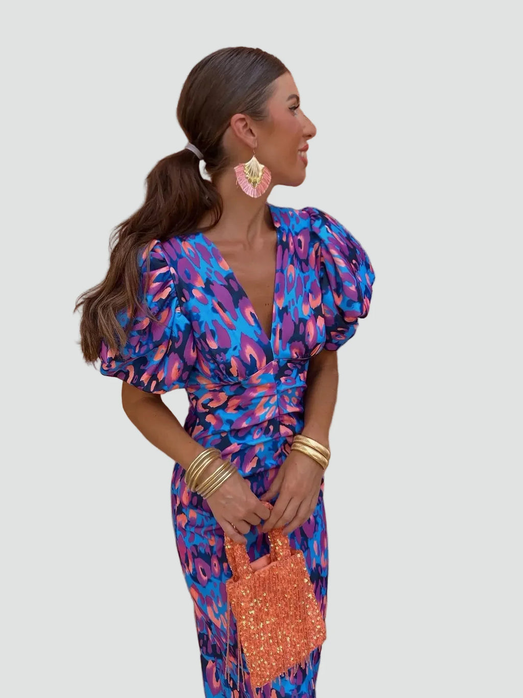 Women's Puff Sleeve Midi Dress – Elegant Feminine Occasion Style