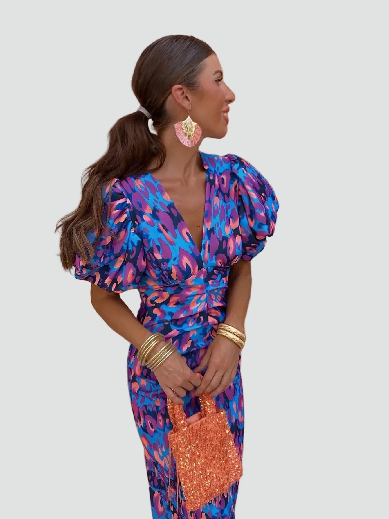 Women's Puff Sleeve Midi Dress – Elegant Feminine Occasion Style