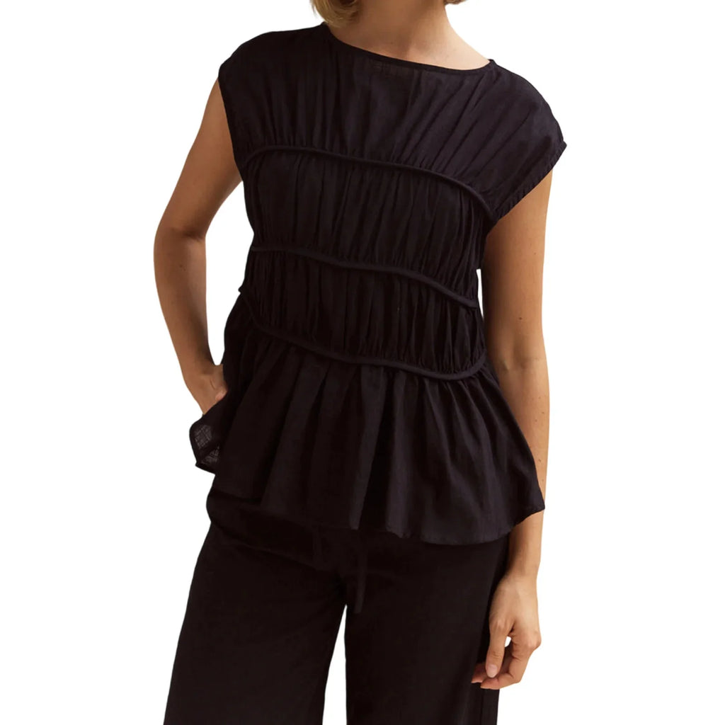Women’s Ruched Peplum Top – Round-Neck Cap Sleeve Blouse