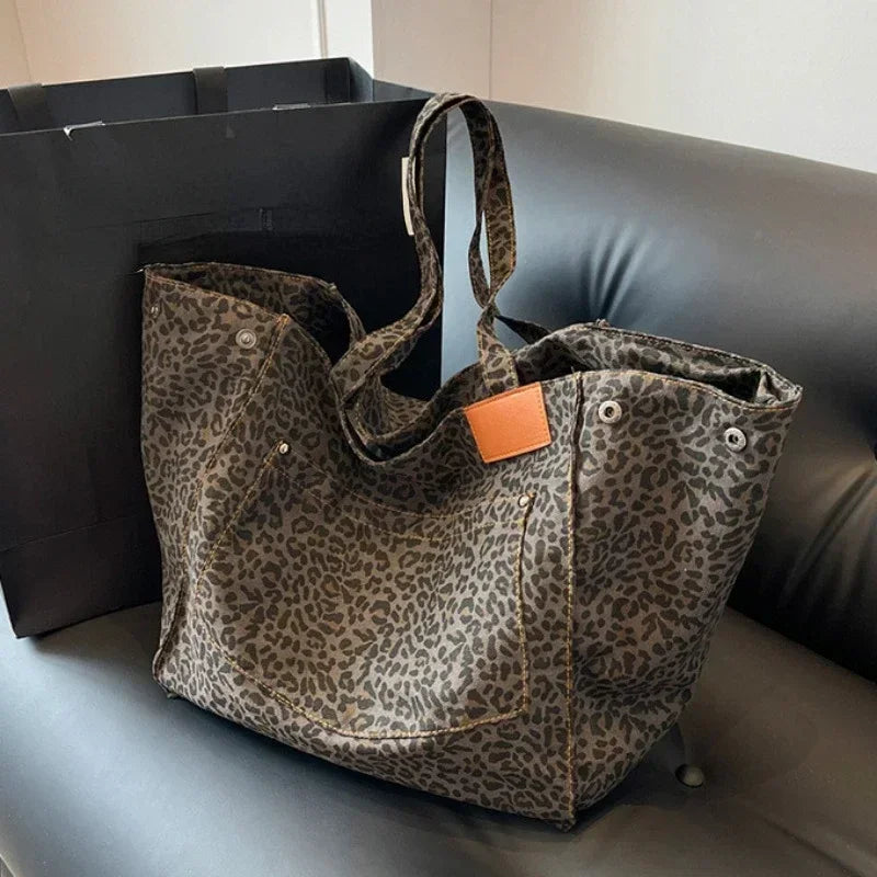 Women’s Leopard Print Canvas Tote Bag – Large Capacity Everyday Handbag