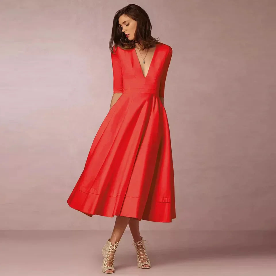 Women's Vintage 60s A-Line Swing Dress – Flared Skirt Autumn Midi Dress