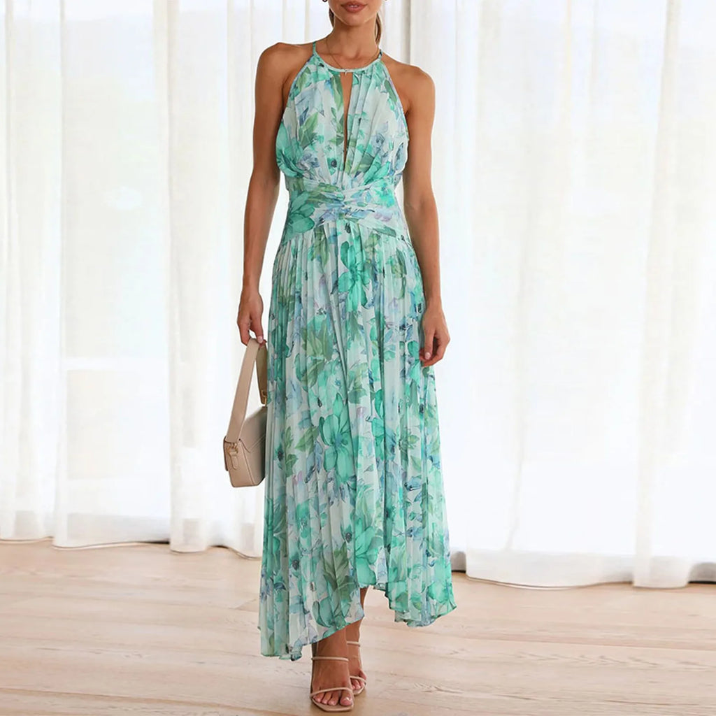 Women's Floral Maxi Dress - Halter Neck Boho Summer Occasion Dress
