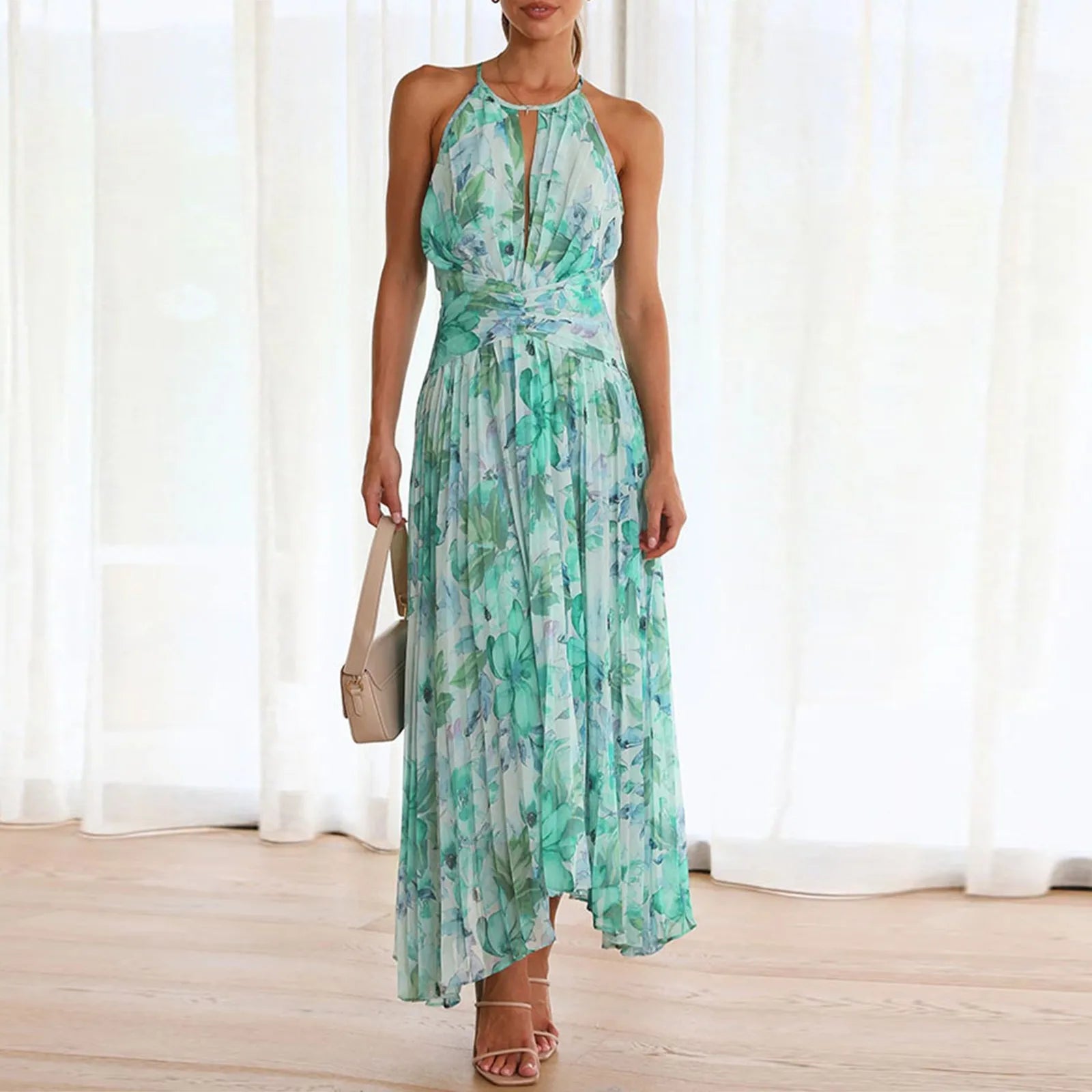 Women's Floral Maxi Dress - Halter Neck Boho Summer Occasion Dress
