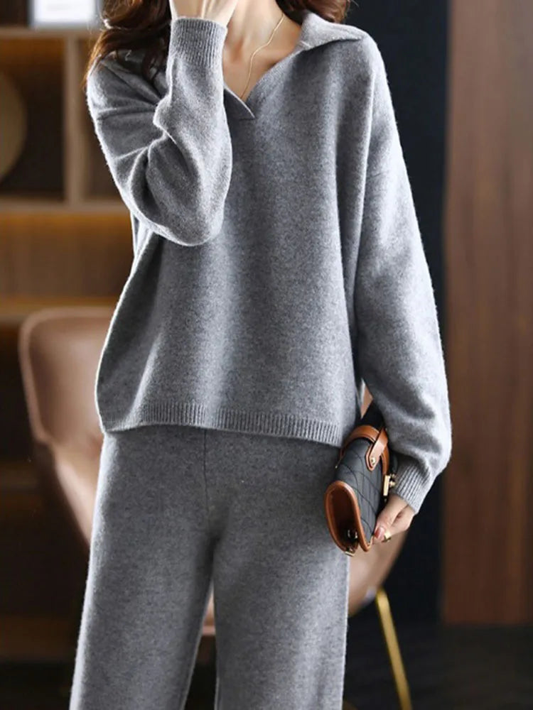 Women’s Polo Knit Set – Casual Relaxed-Fit Sweater and Wide-Leg Pants