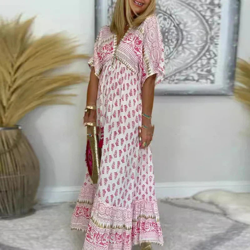Women's Boho Print Maxi Dress - Loose V-Neck Short Sleeve Summer Dress