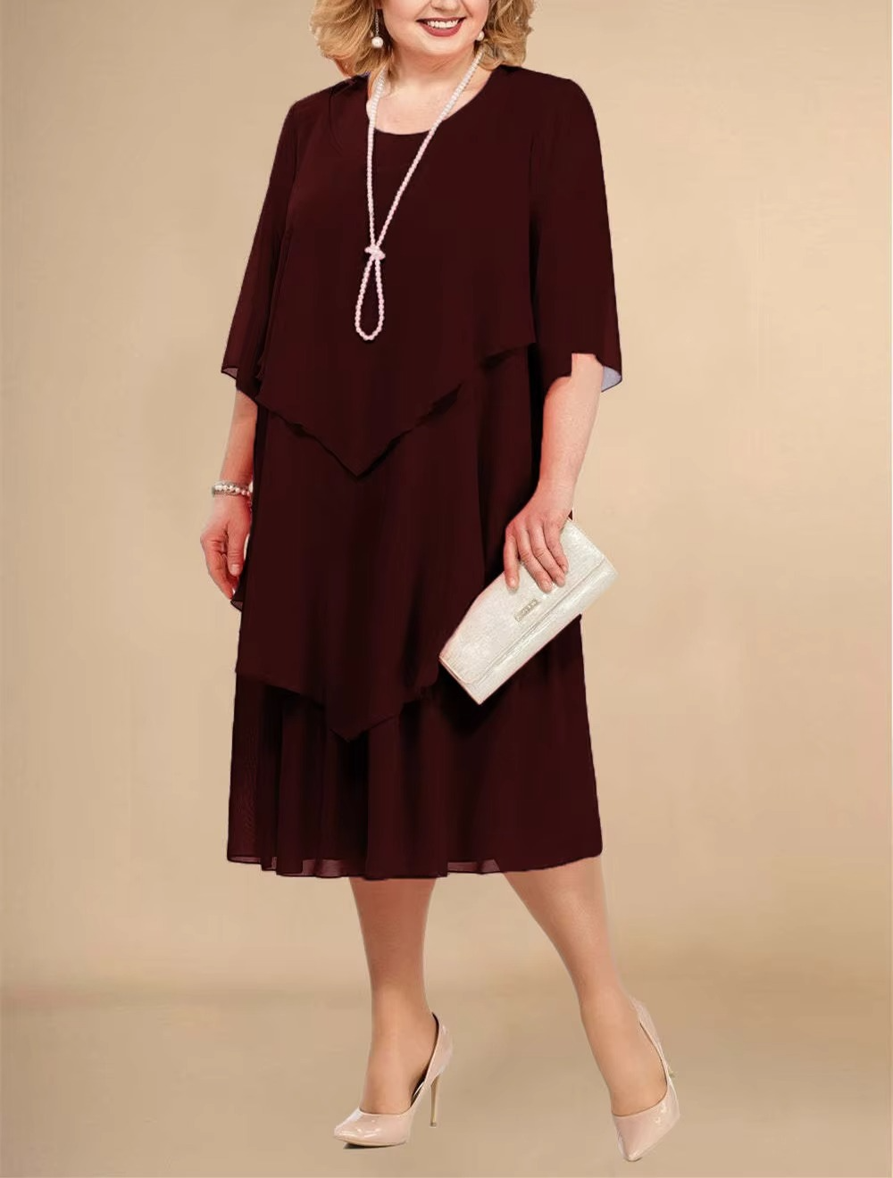 Women's Layered Chiffon Midi Dress – Elegant Flowy Occasion Dress