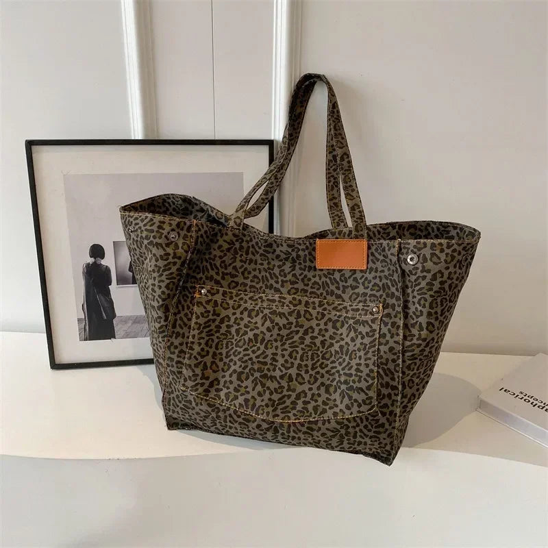 Women’s Leopard Print Canvas Tote Bag – Large Capacity Everyday Handbag