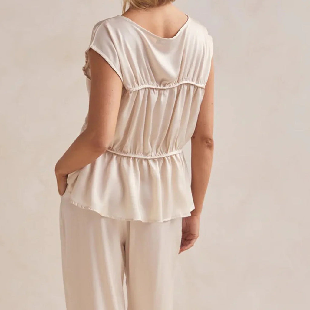 Women’s Ruched Peplum Top – Round-Neck Cap Sleeve Blouse