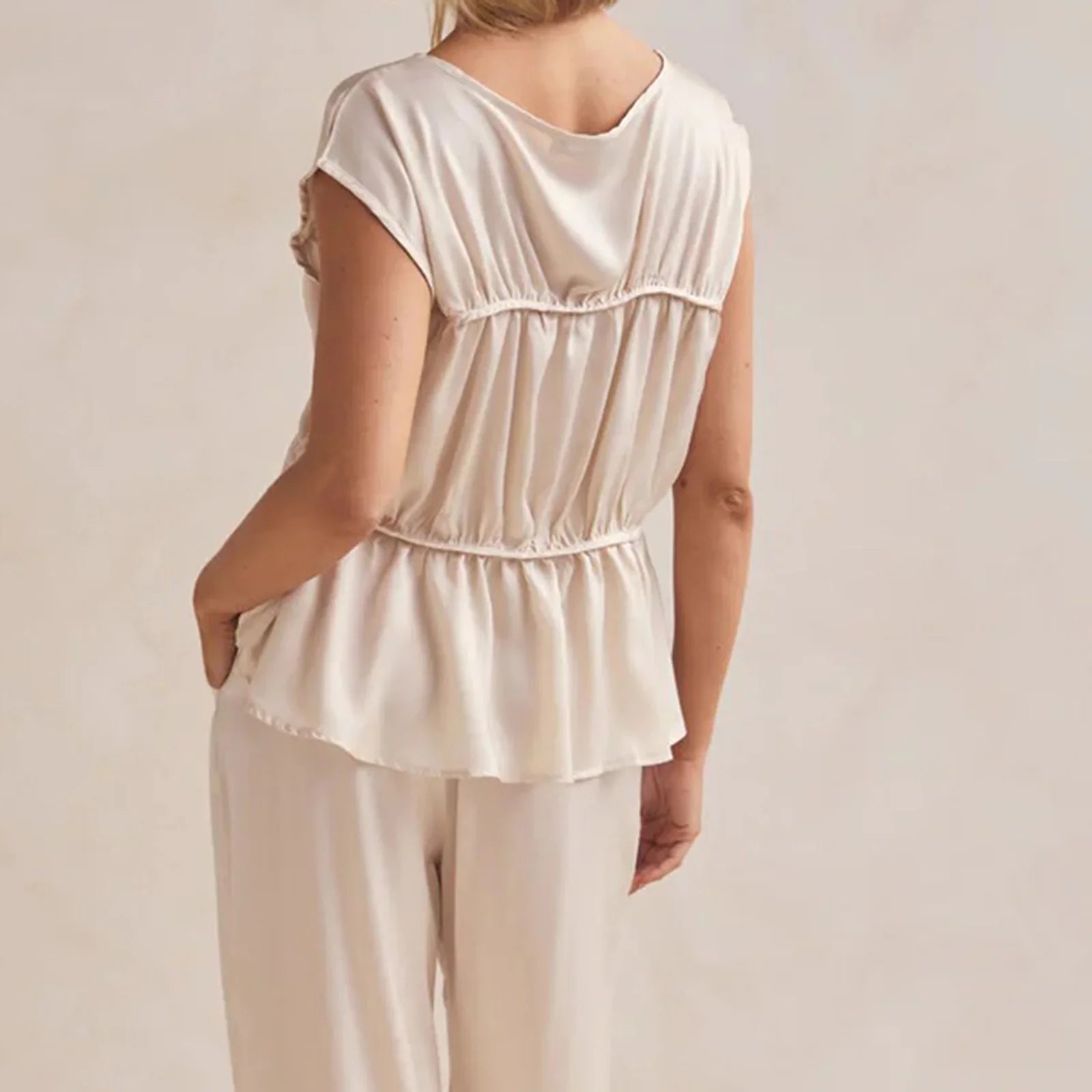Women’s Ruched Peplum Top – Round-Neck Cap Sleeve Blouse
