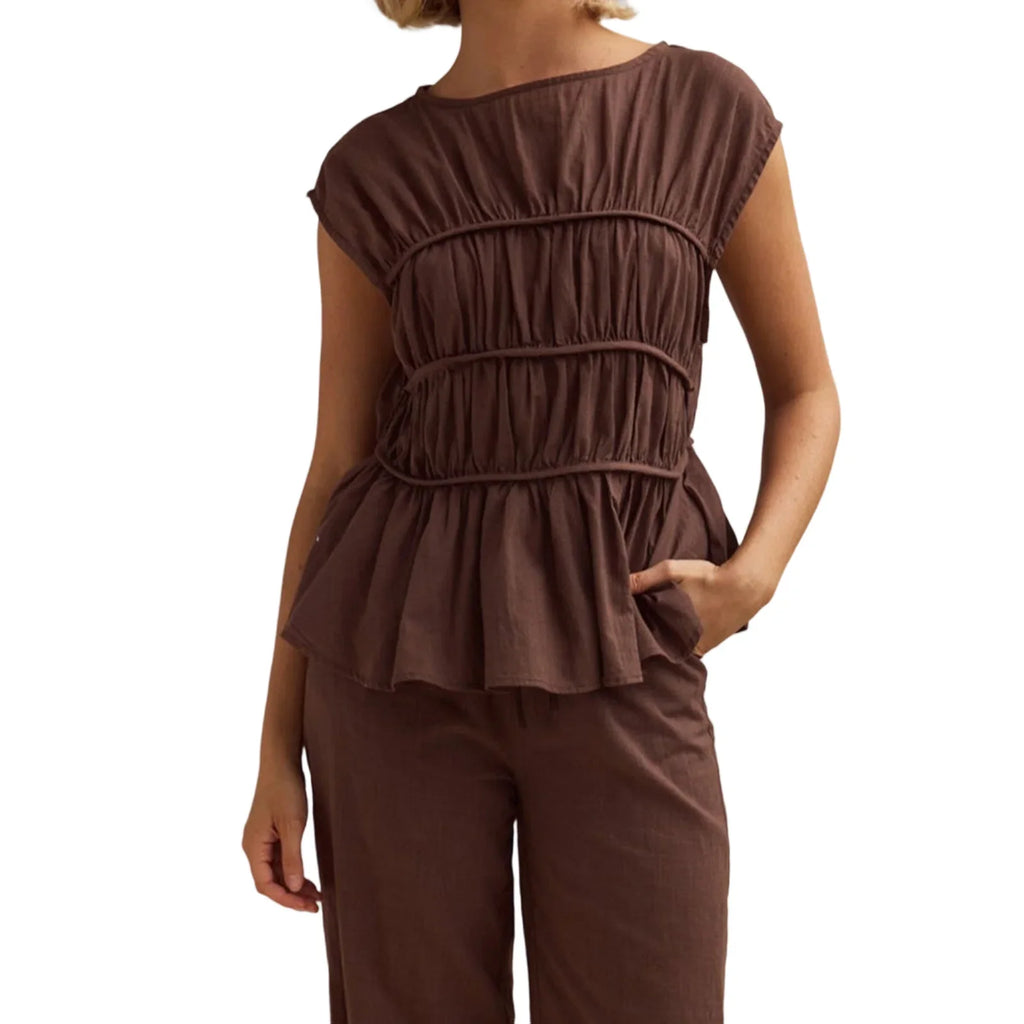 Women’s Ruched Peplum Top – Round-Neck Cap Sleeve Blouse