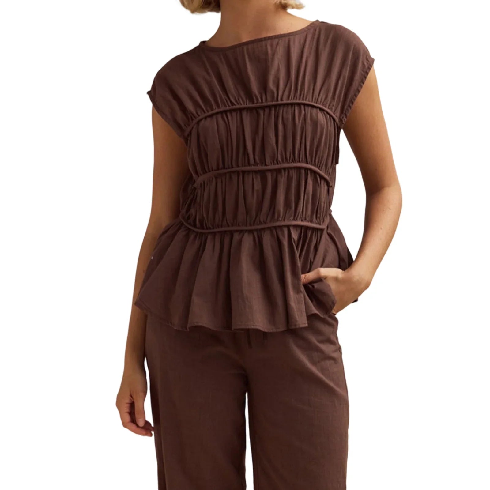 Women’s Ruched Peplum Top – Round-Neck Cap Sleeve Blouse