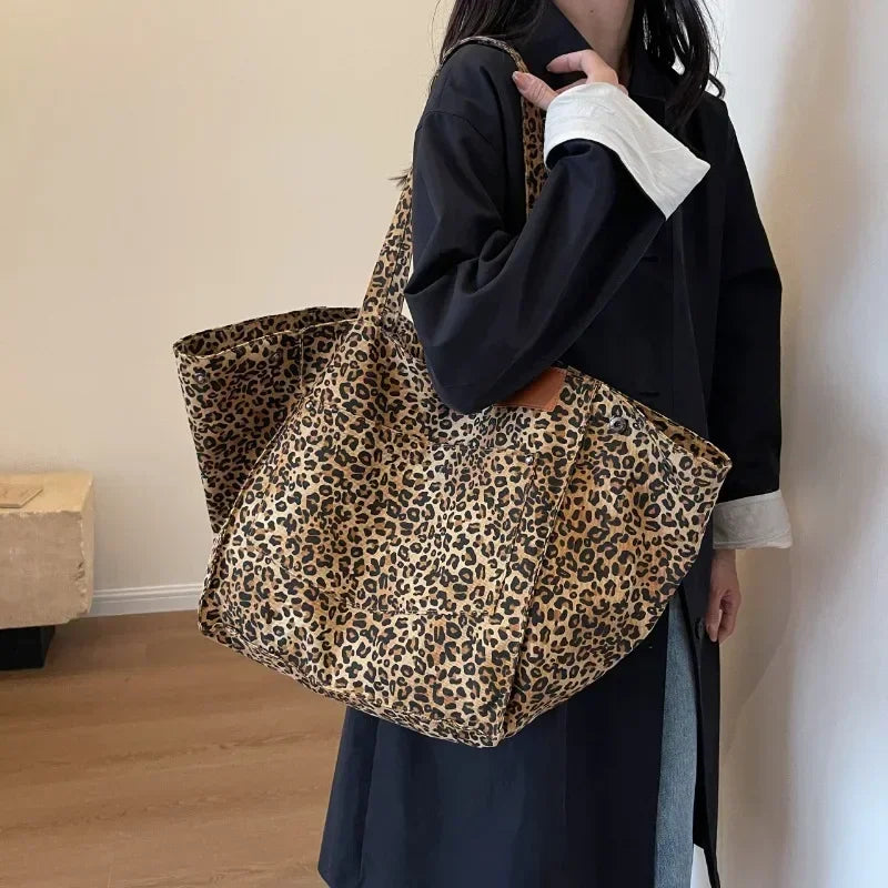 Women’s Leopard Print Canvas Tote Bag – Large Capacity Everyday Handbag