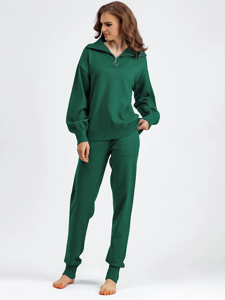 Women’s Zip-Up Knit Loungewear Set – Cozy Sweater & Slim Jogger Pants