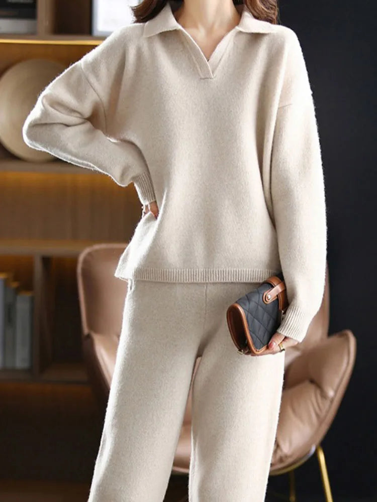 Women’s Polo Knit Set – Casual Relaxed-Fit Sweater and Wide-Leg Pants