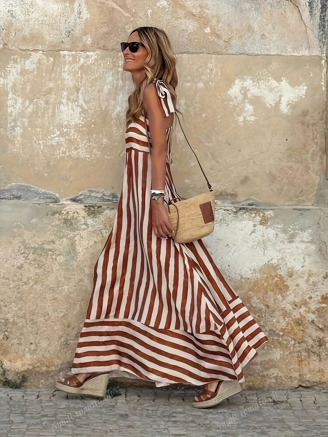 Women's Striped Maxi Dress - Tie Strap Full Skirt Summer Style