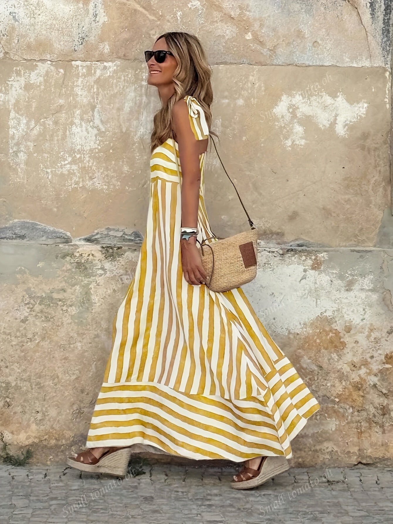 Women's Striped Maxi Dress - Tie Strap Full Skirt Summer Style