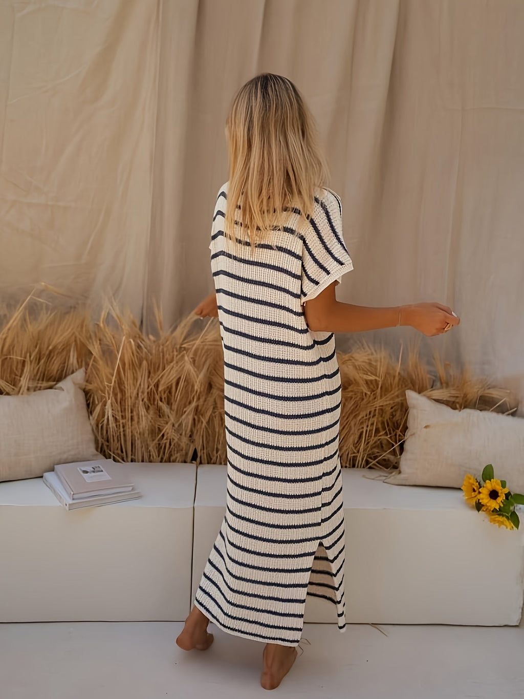 Women's Striped Ribbed Knit Midi Dress - V Neck Short Sleeve Day Style