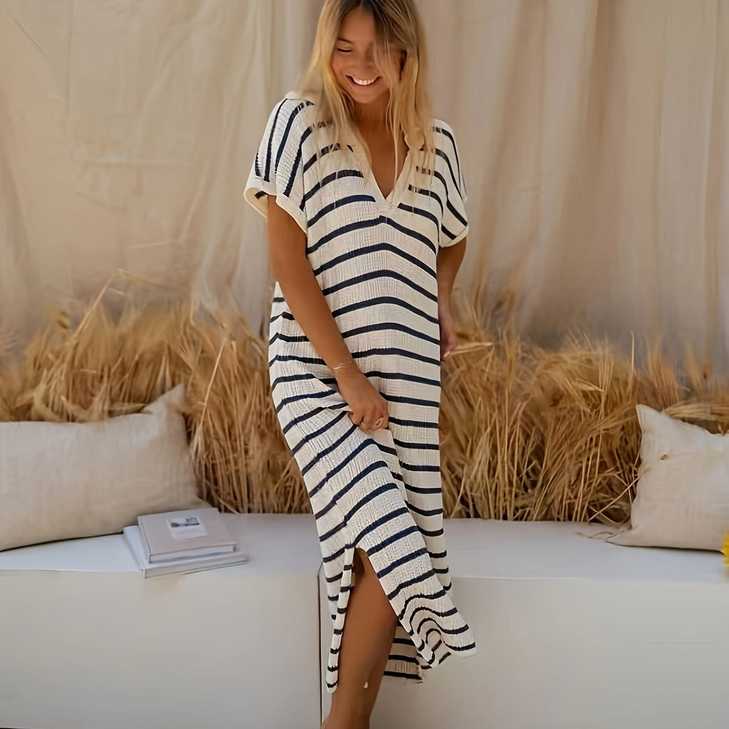 Women's Striped Ribbed Knit Midi Dress - V Neck Short Sleeve Day Style