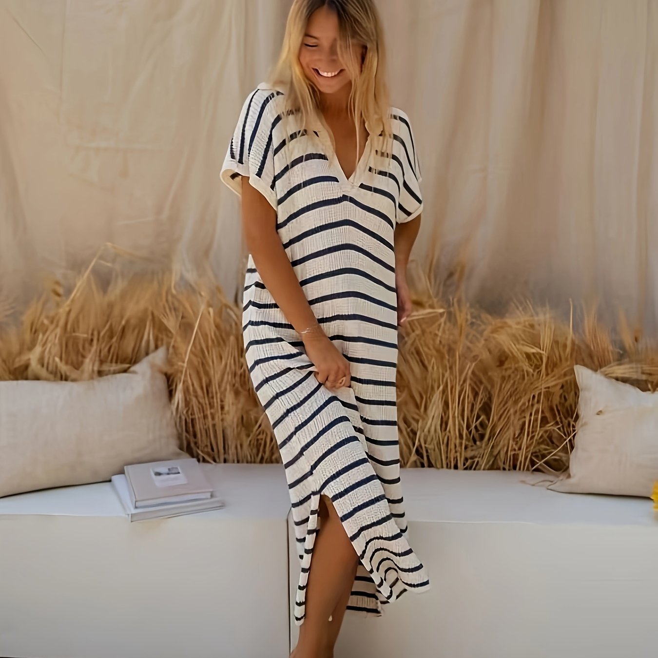 Women's Striped Ribbed Knit Midi Dress - V Neck Short Sleeve Day Style