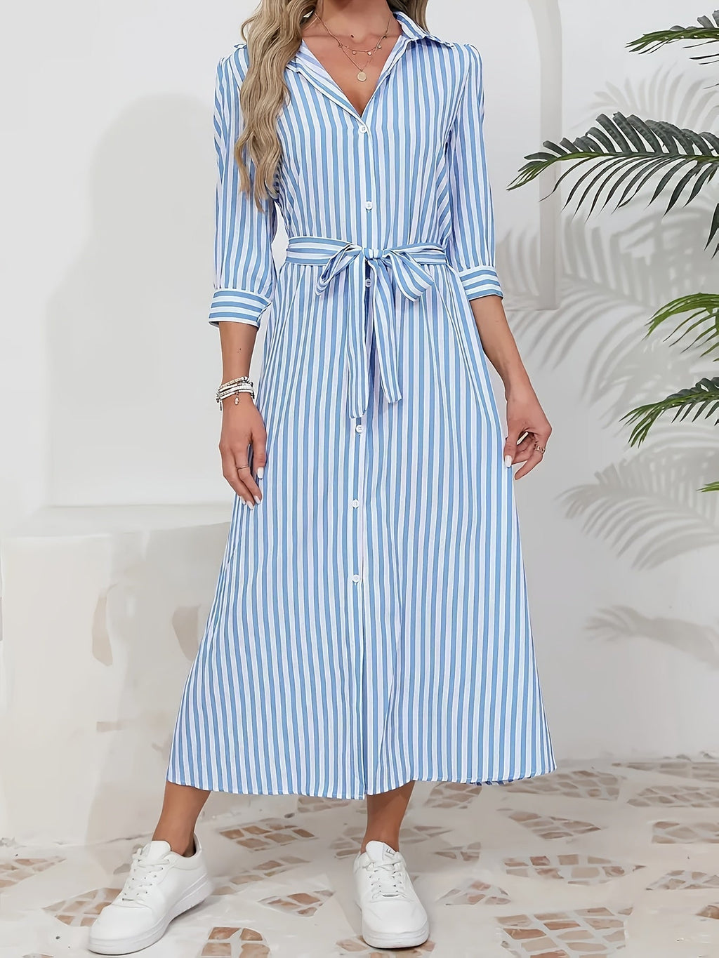 Women's Striped Shirt Midi Dress - Tie Waist Three Quarter Sleeve Style