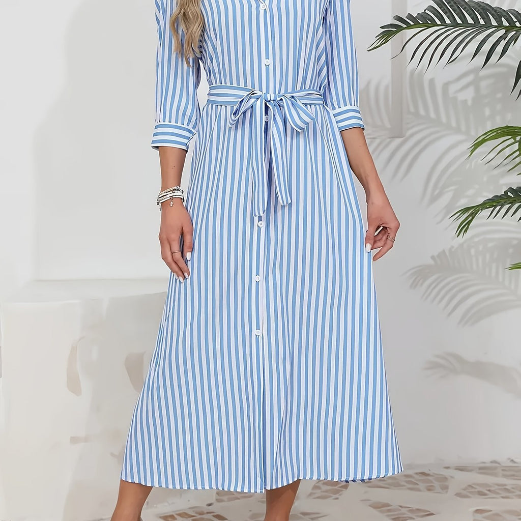 Women's Striped Shirt Midi Dress - Tie Waist Three Quarter Sleeve Style