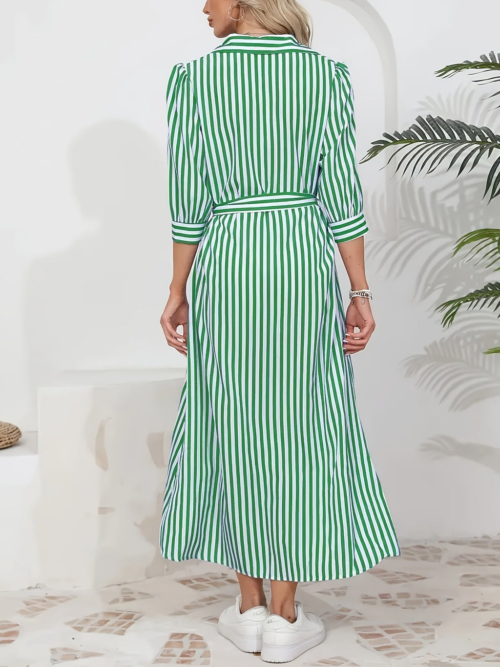 Women's Striped Shirt Midi Dress - Tie Waist Three Quarter Sleeve Style