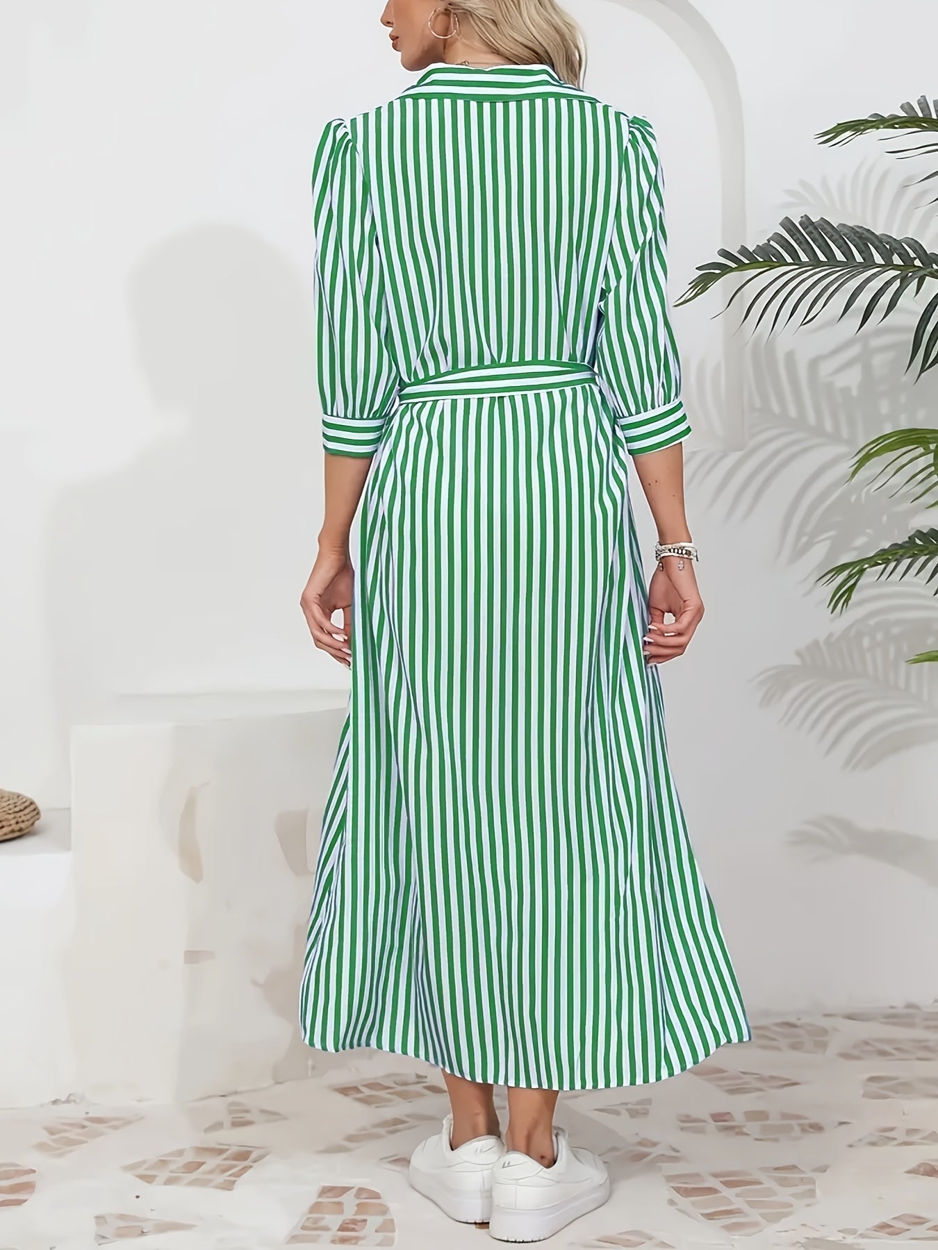 Women's Striped Shirt Midi Dress - Tie Waist Three Quarter Sleeve Style