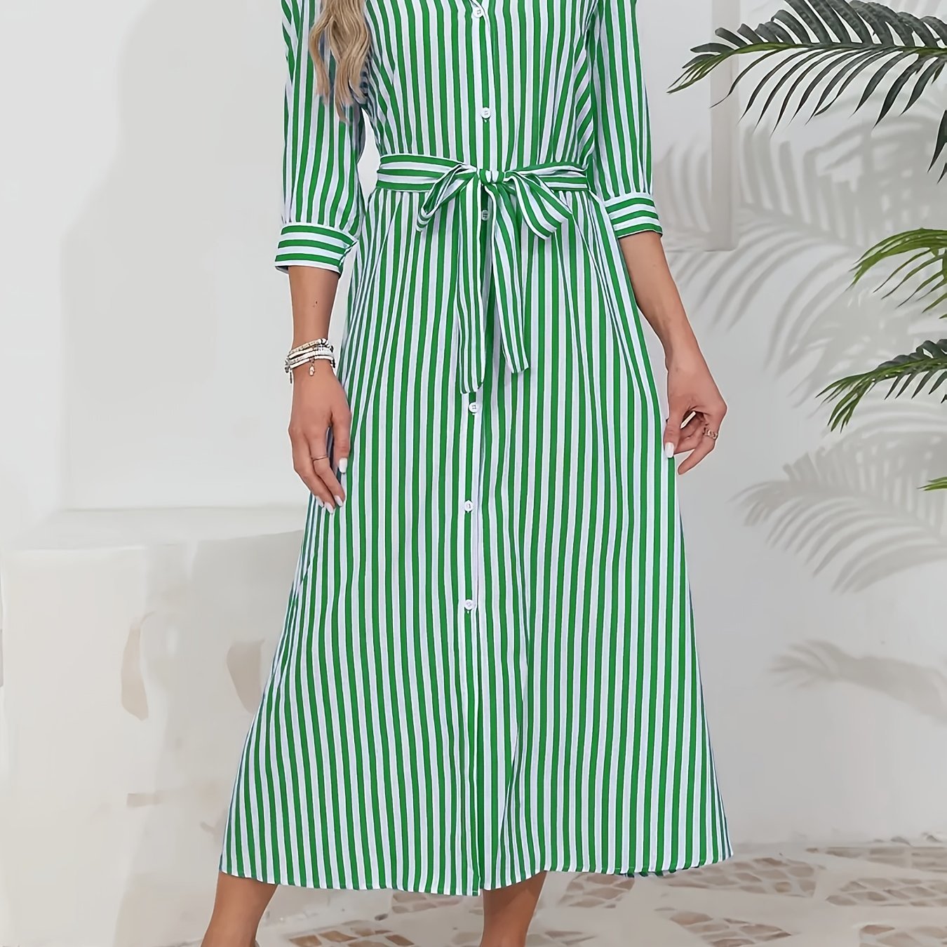 Women's Striped Shirt Midi Dress - Tie Waist Three Quarter Sleeve Style