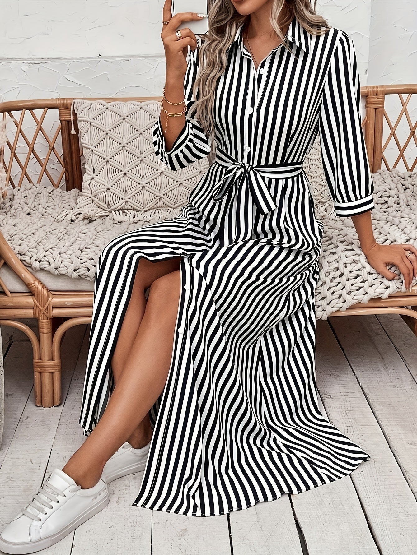 Women's Striped Shirt Midi Dress - Tie Waist Three Quarter Sleeve Style