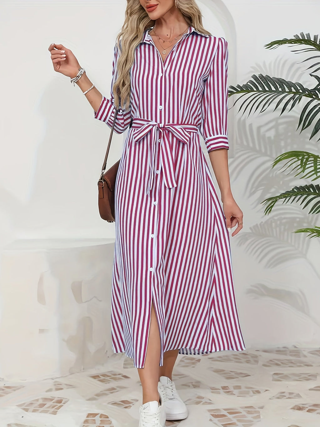 Women's Striped Shirt Midi Dress - Tie Waist Three Quarter Sleeve Style