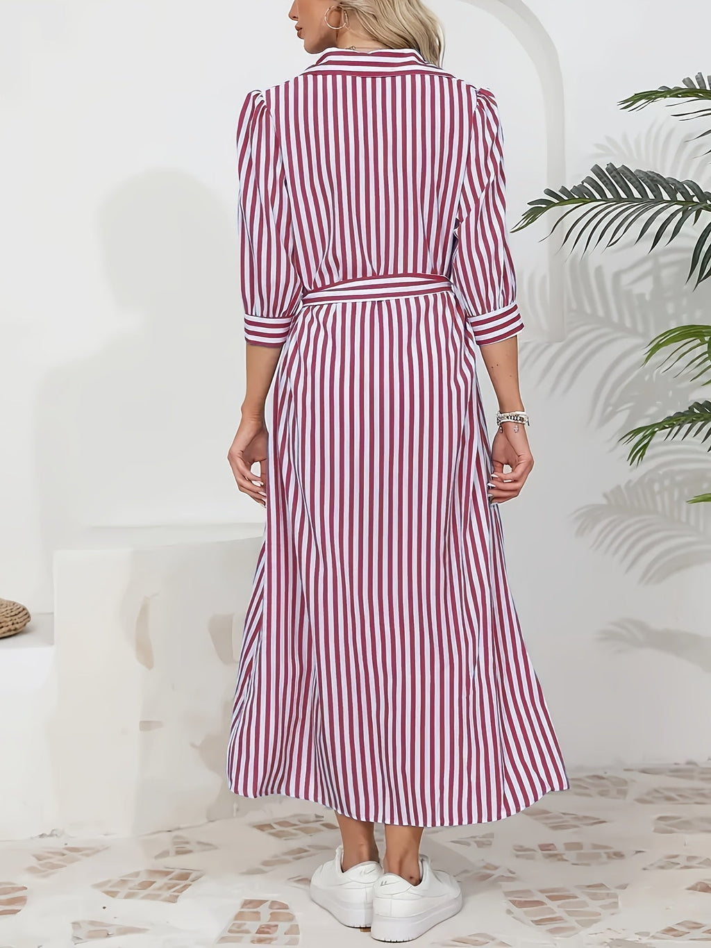 Women's Striped Shirt Midi Dress - Tie Waist Three Quarter Sleeve Style
