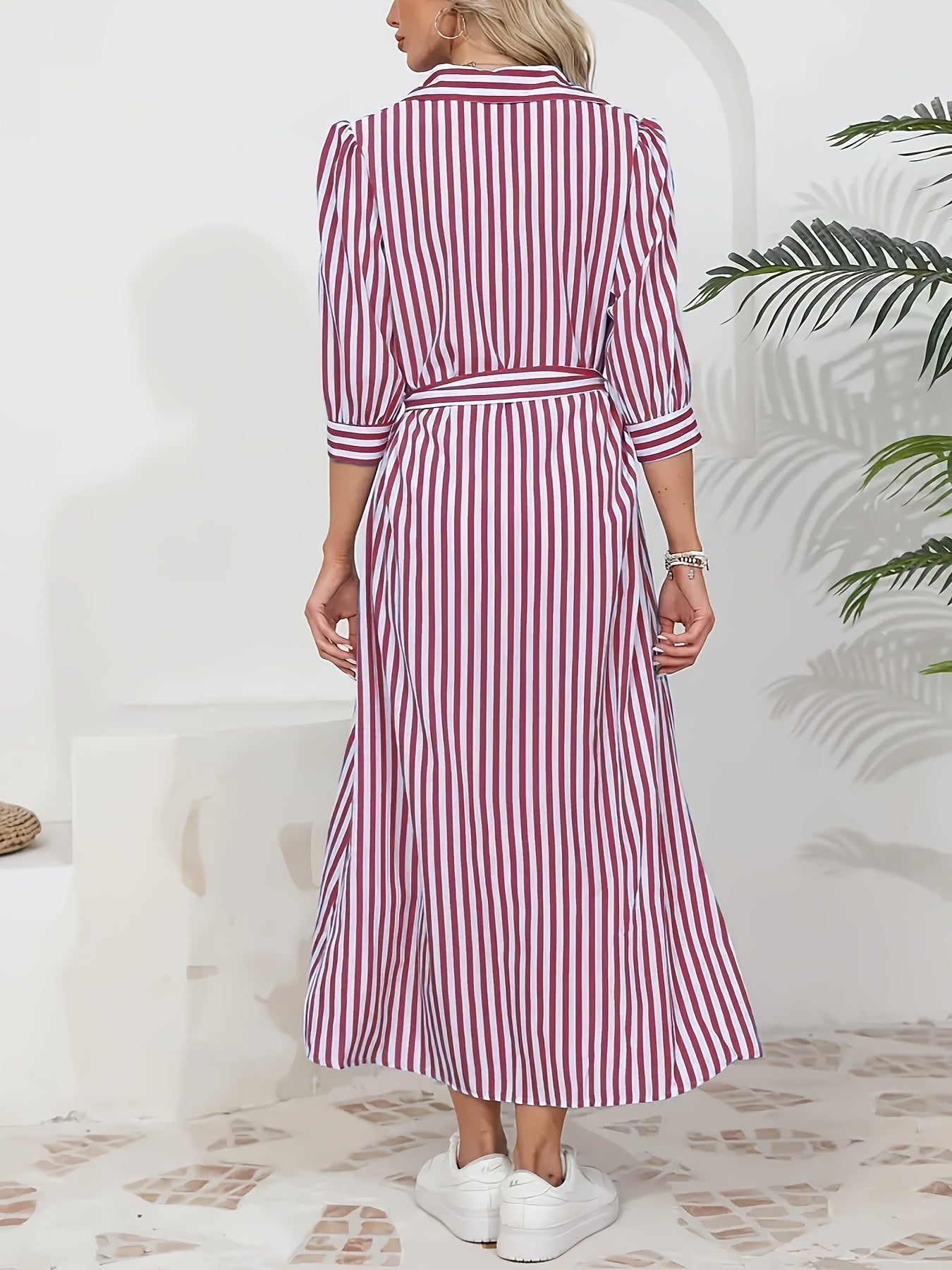 Women's Striped Shirt Midi Dress - Tie Waist Three Quarter Sleeve Style