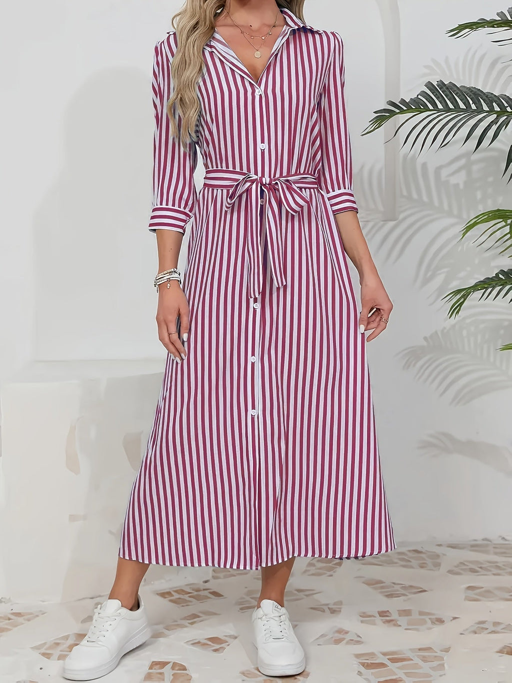 Women's Striped Shirt Midi Dress - Tie Waist Three Quarter Sleeve Style