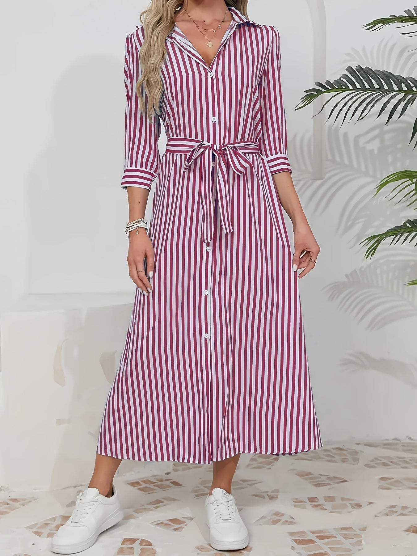 Women's Striped Shirt Midi Dress - Tie Waist Three Quarter Sleeve Style
