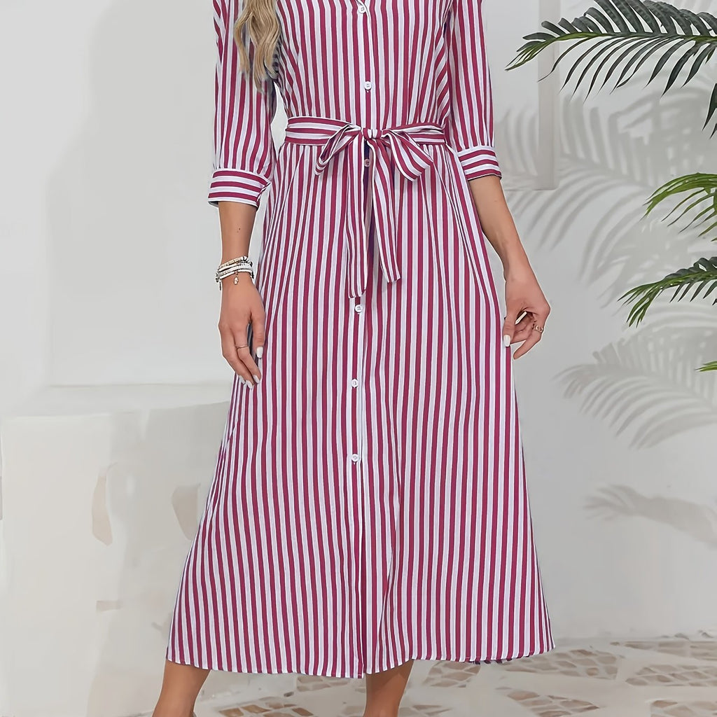 Women's Striped Shirt Midi Dress - Tie Waist Three Quarter Sleeve Style