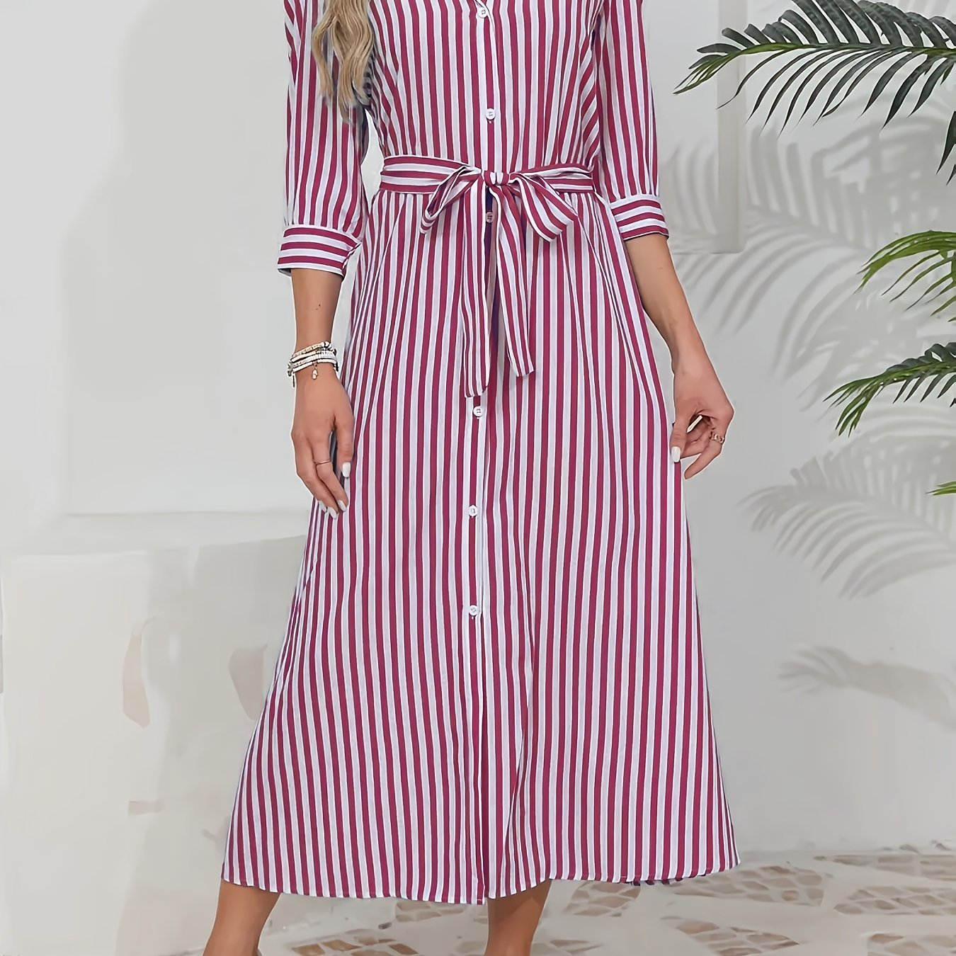 Women's Striped Shirt Midi Dress - Tie Waist Three Quarter Sleeve Style