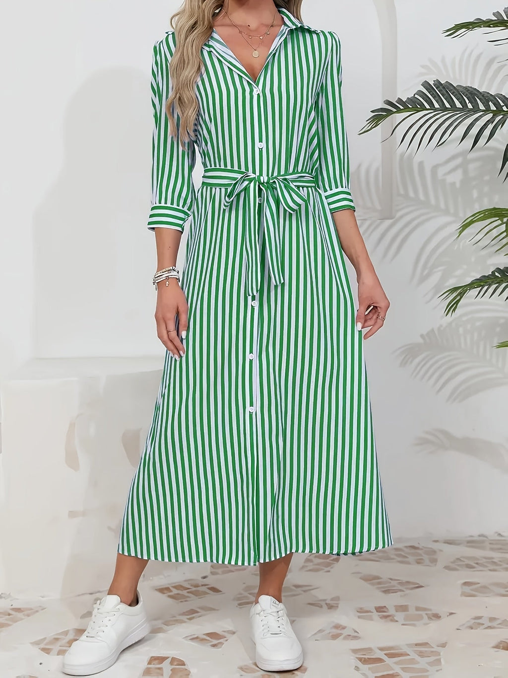 Women's Striped Shirt Midi Dress - Tie Waist Three Quarter Sleeve Style