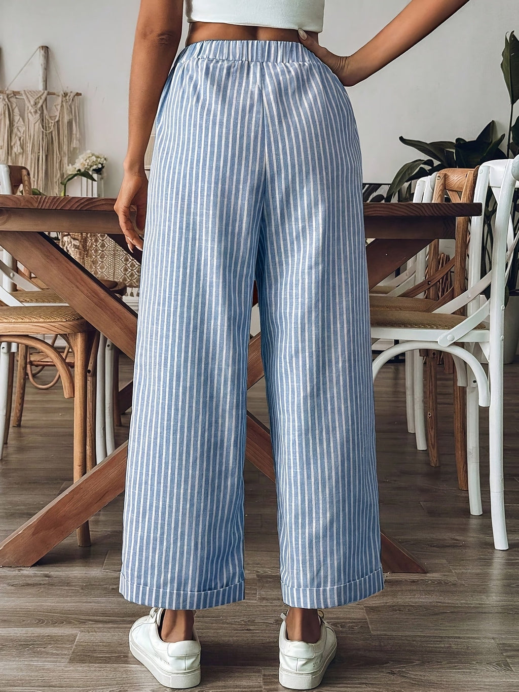 Women's Striped Wide Leg Linen Trousers - Relaxed Elastic Waist Fit