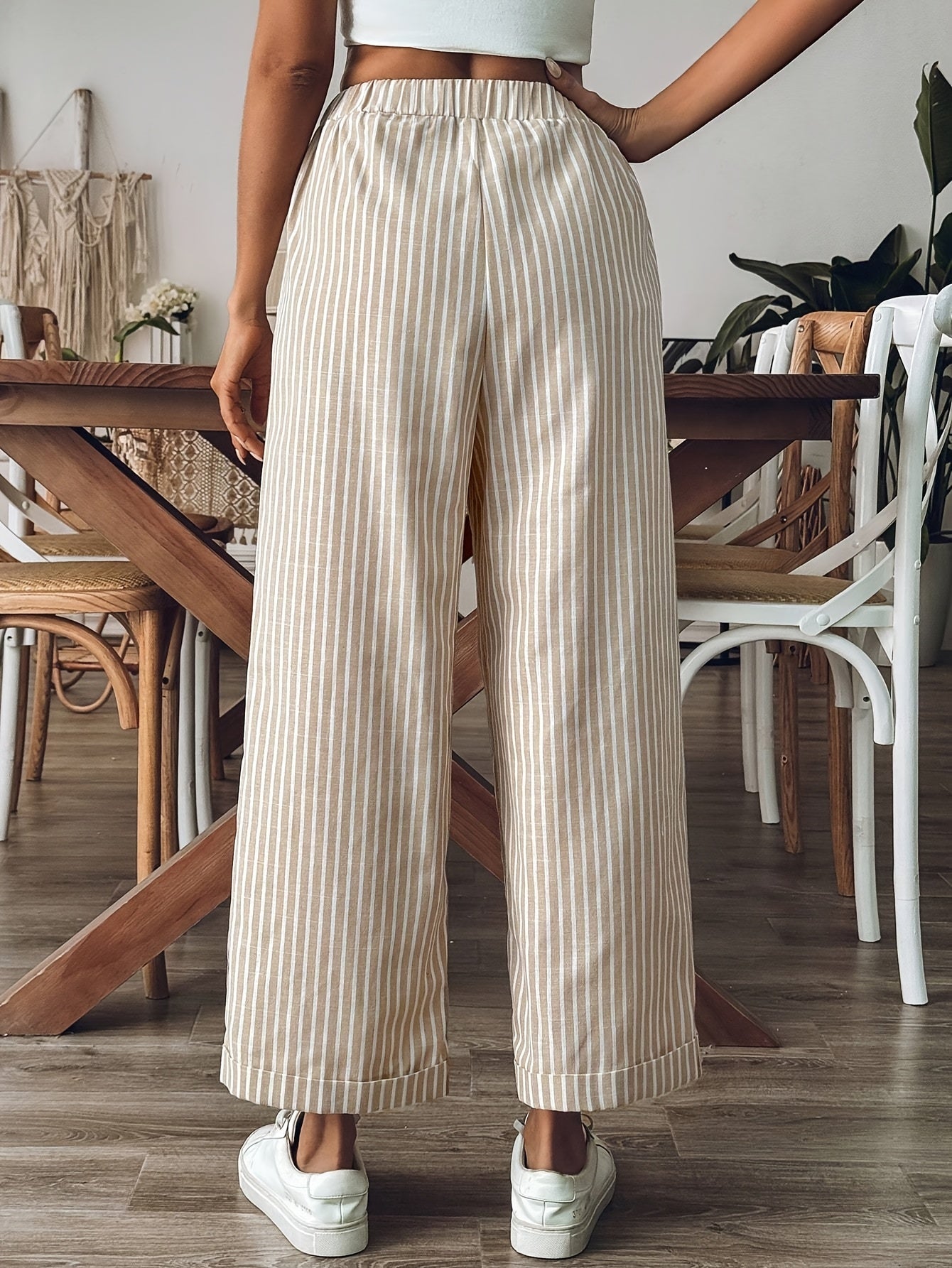 Women's Striped Wide Leg Linen Trousers - Relaxed Elastic Waist Fit
